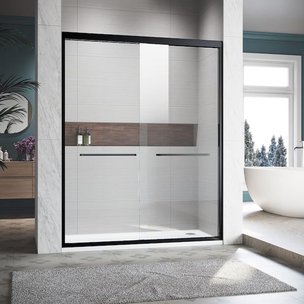 60 in. W x 72 in. H Sliding Semi Frameless Shower Door in Matt Black Finish with Clear Glass, Stainless Steel Handles