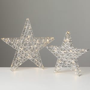 19.75 in. and 16 in. Lighted Outdoor Silver Stars Christmas Yard Decor - Set of 2