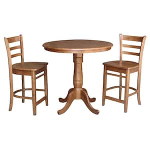 3-Piece 36 in. Bourbon Oak Round Counter Height Dining Table and 2-Emily Stools