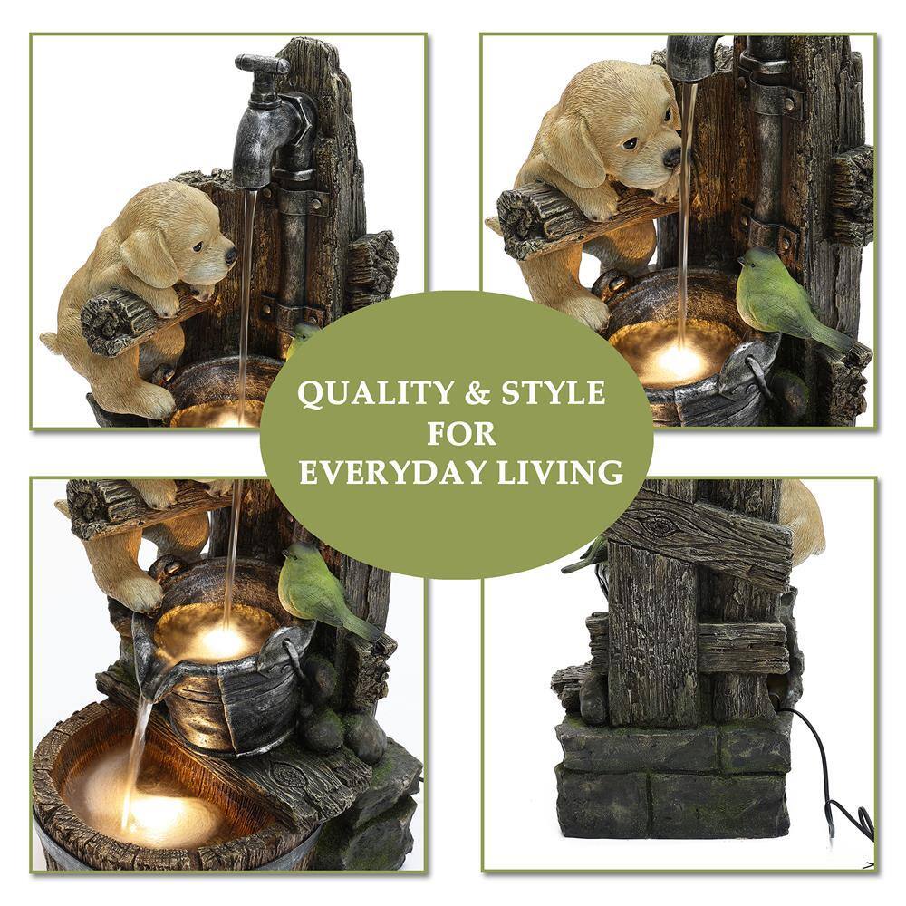 Farmhouse Brown Resin Fountain with Puppy and Bird Scene