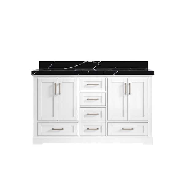 Willow Collections Boston 60 in. W x 22 in. D x 36 in. H Double Sink Bath Vanity in White with 2 in. Calacatta Black Qt. Top