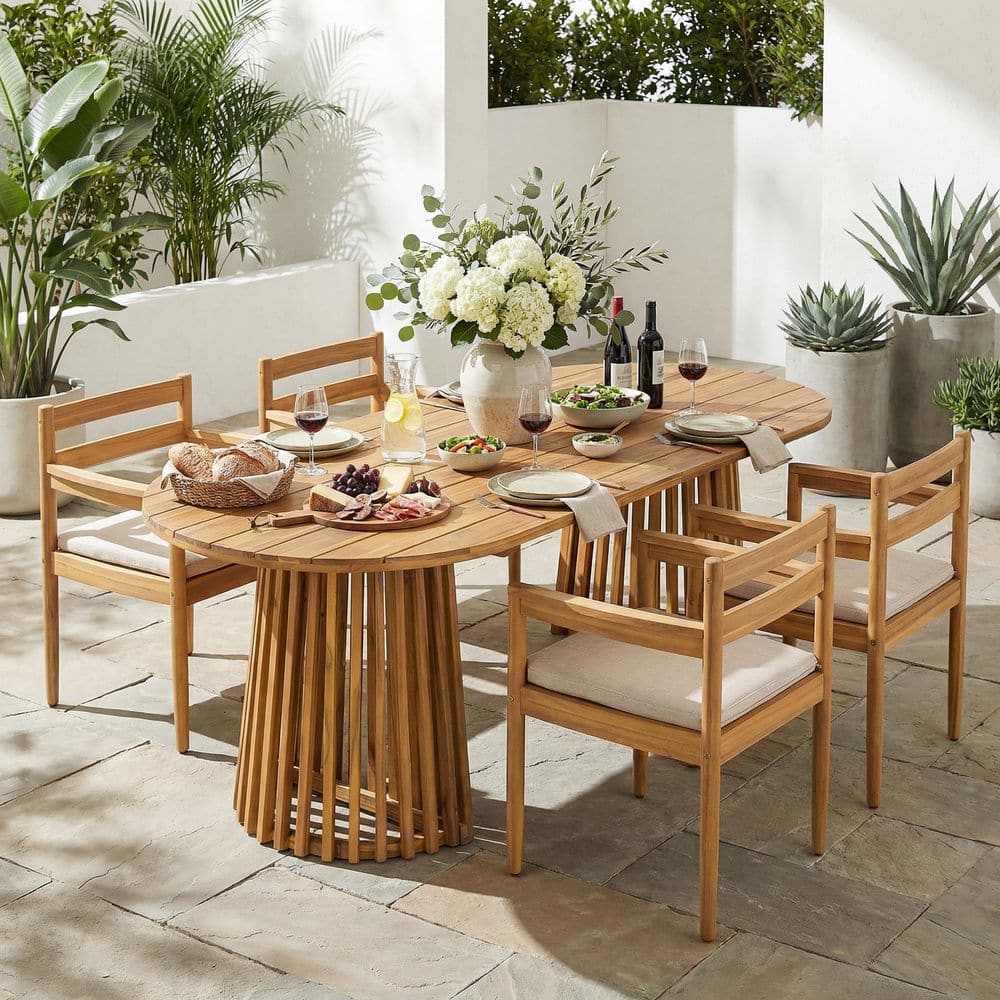 Olga 5-Piece Solid Wood Oval Patio Outdoor Dining Set with Beige Cushions and Curved Arms, Teak Finish price history on PriceWatchPro