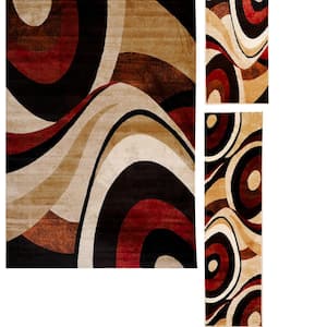 Tribeca Slade Brown/Red 5 ft. x 7 ft. Abstract 3-Piece Area Rug Set