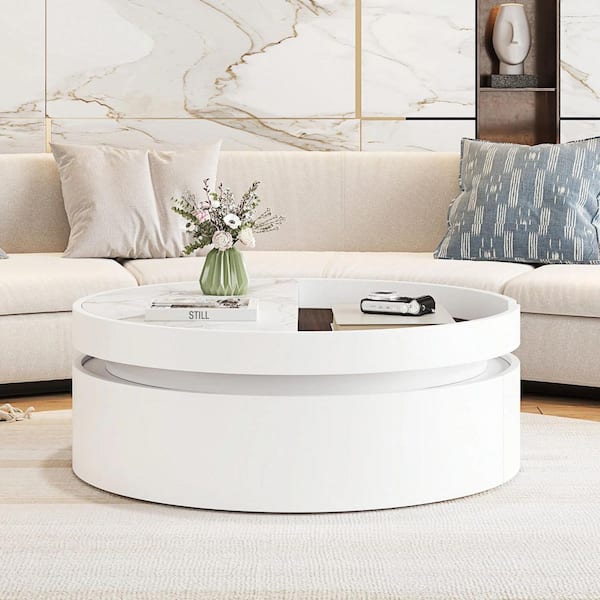 Amias 40.3 in. White+Walnut Round Marble and Wood Grain Lift Coffee Table with Drawer