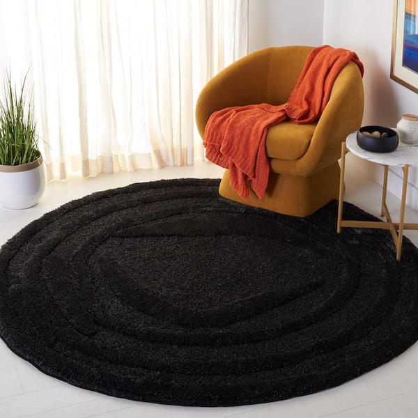 Hi-Lo Shag 3 ft. x 3 ft. Black Swirl High-Low Round Area Rug