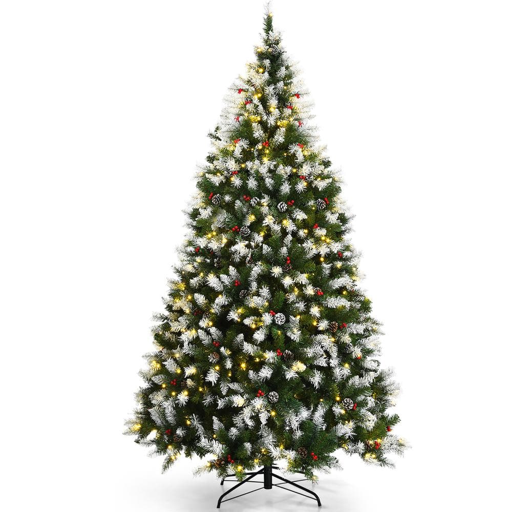 Costway - 7.5ft Pre-lit Snowy Christmas Tree 1398 Tips with Pine Cones & Red Berries - Green