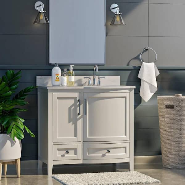 Runfine Harper 36 in. W x 22 in. D x 34 in. H Bath Vanity in white with Carrara Engineered Stone Top with White Basin