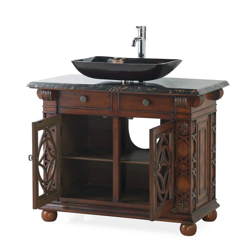 Cherry Wood Freestanding Vanity with Black Marble Top and Glass Vessel Sink