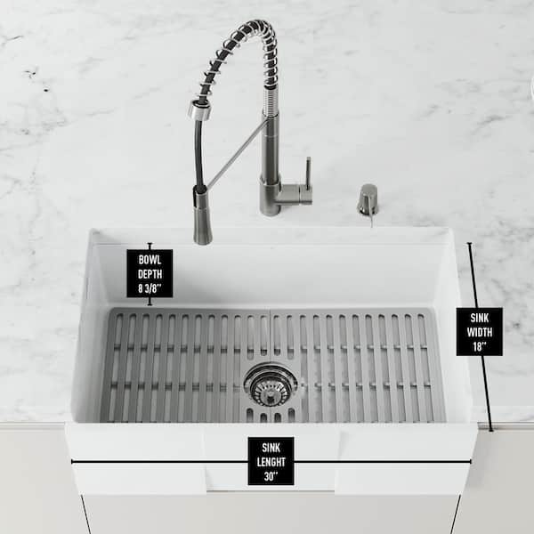 Matte Stone White Composite 33 in. Double Bowl Farmhouse Apron-Front Kitchen Sink Set with Strainers and Silicone Grids Matte Stone White Composite 33 in. Double Bowl Farmhouse Apron-Front Kitchen Sink Set with Strainers and Silicone Grids