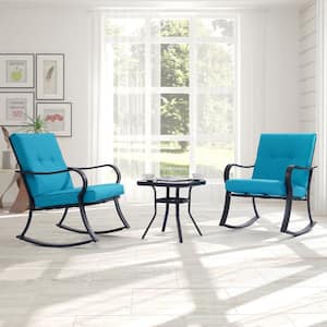 3-Piece Black Metal Frame Outdoor Bistro Set 2-Rocking Chairs with Lake Blue Cushions and Tempered Glass Side Table