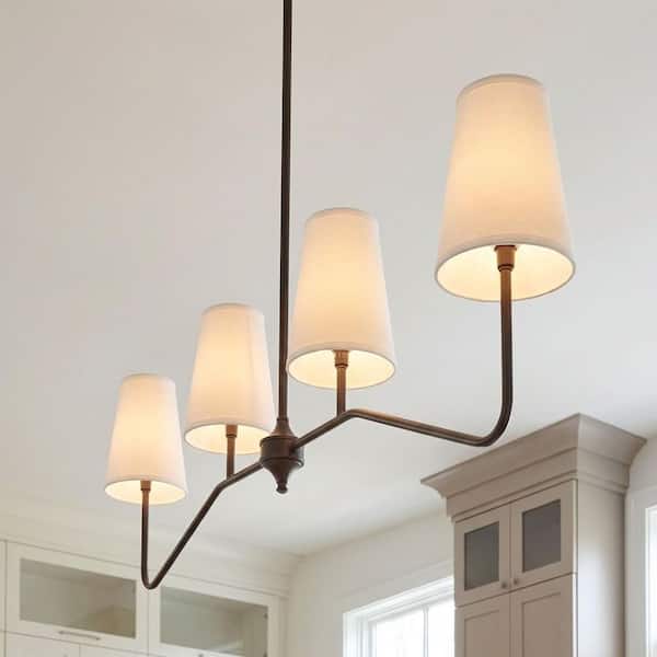 40 in. W x 13 in. H 4-Light Oil Rubbed Bronze Linear Chandelier with White Fabric Shades