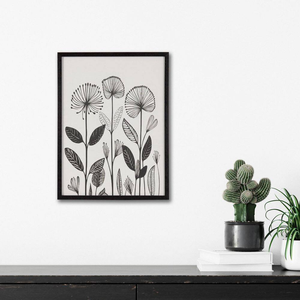 Black and White Modern Linocut Botanical Print in Solid Wood Frame