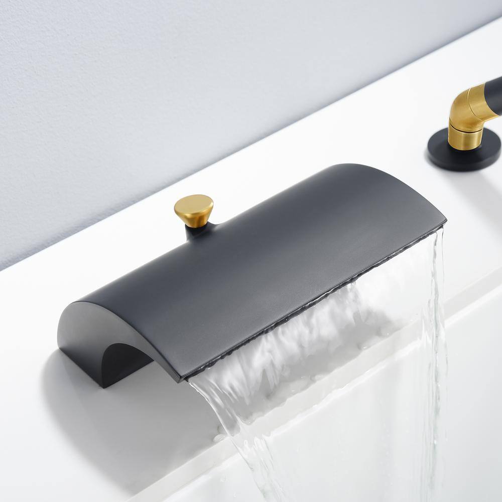 Black and Gold Stainless Steel Waterfall Tub Faucet with Hand Shower