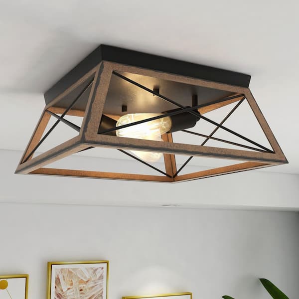 12 in. 2-Light Retro Matte Black and Barnwood Flush Mount Fixtures Farmhouse Ceiling Light (2-Pack)