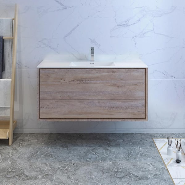 Fresca Catania 48 in. Modern Wall Hung Bath Vanity in Rustic Natural Wood with Vanity Top in White with White Basin