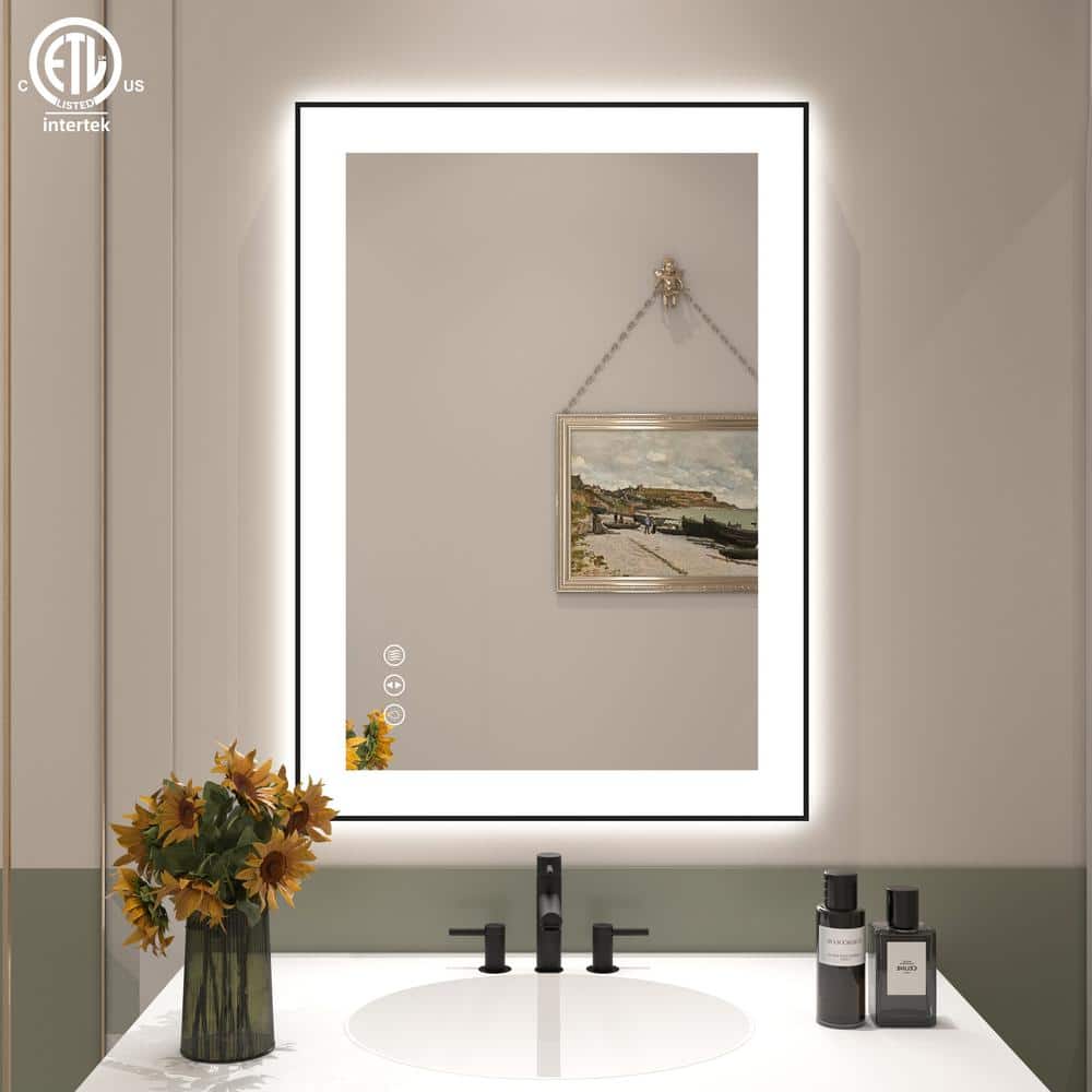 28" x 20" Black Aluminum Rectangular LED Bathroom Mirror