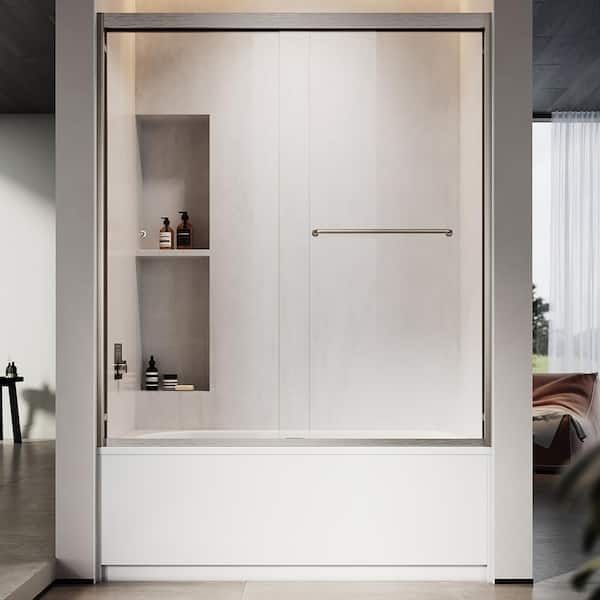 UNIKOO UKD06 60 in. W x 60 in. H Double Sliding Semi-Frameless Bathtub Door in Brushed Nickel with EnduroShield Clear Glass