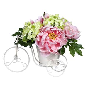 9.5 in. Artificial H Pink Peony and Hydrangea Tricycle Silk Flower Arrangement
