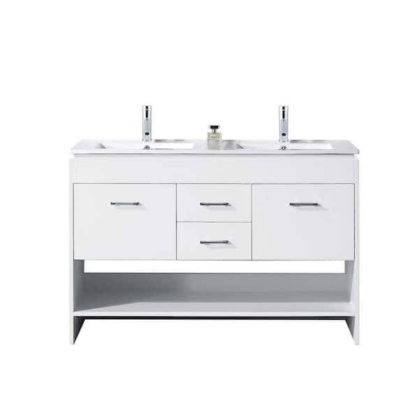 Virtu USA Gloria 48 in. W Bath Vanity in White with Ceramic Vanity Top in White with Square Basin and Mirror