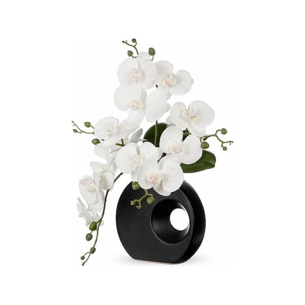 16 in. White Indoor Artificial Orchid Flowers in Ceramic Vase