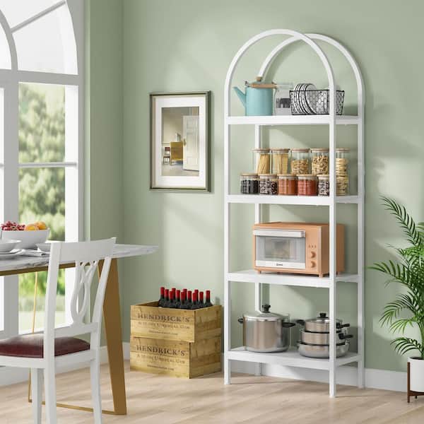 BYBLIGHT Eulas 70.86 in. Tall White Wood 4-Shelf Standard Bookcase with Metal Frame, Farmhouse Storage Rack Standing Bookshelf