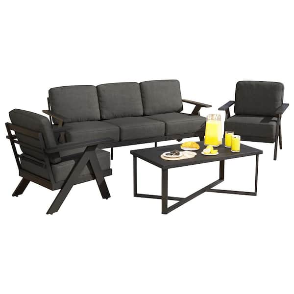 4-Piece 5-Person Aluminum Frame Patio Conversation Set with Gray Cushions
