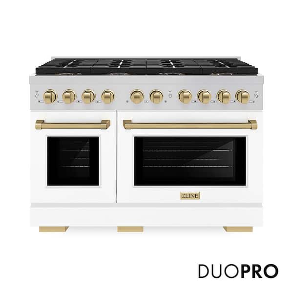 Autograph 48 in. 6.7 cu. ft. Paramount Dual Fuel Range with 8 Burners and Dual Ovens with White Matte and Champagne