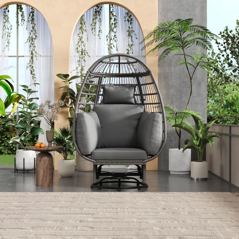 Wicker Outdoor Rocking Chair with Grey Cushions, Swivel Chair with Rocking 