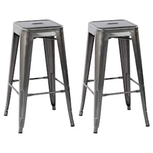 Zolnes 29 in. Kitchen Counter Height Silver Metal Stackable Bar Stools with Square Seat, Indoor Outdoor ( set of 2 )