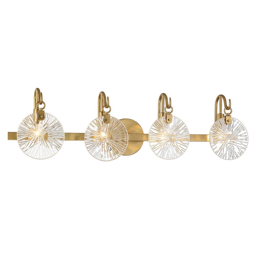 Warm Brass 4-Light Bathroom Vanity with Clear Starburst Glass Shades