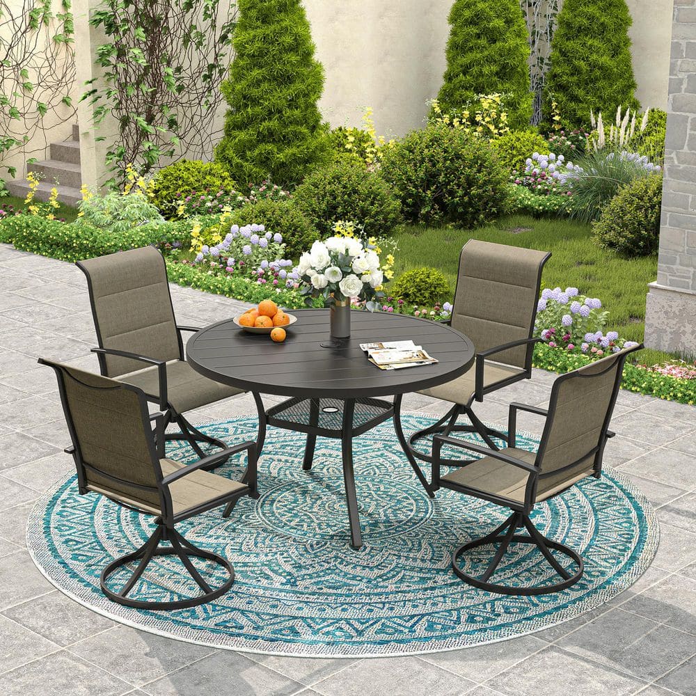 5-Piece Metal Outdoor Dining Set with 40.6 in. Black Slatted Round Table and 4 Brown Textilene Swivel Dining Chairs price history on PriceWatchPro