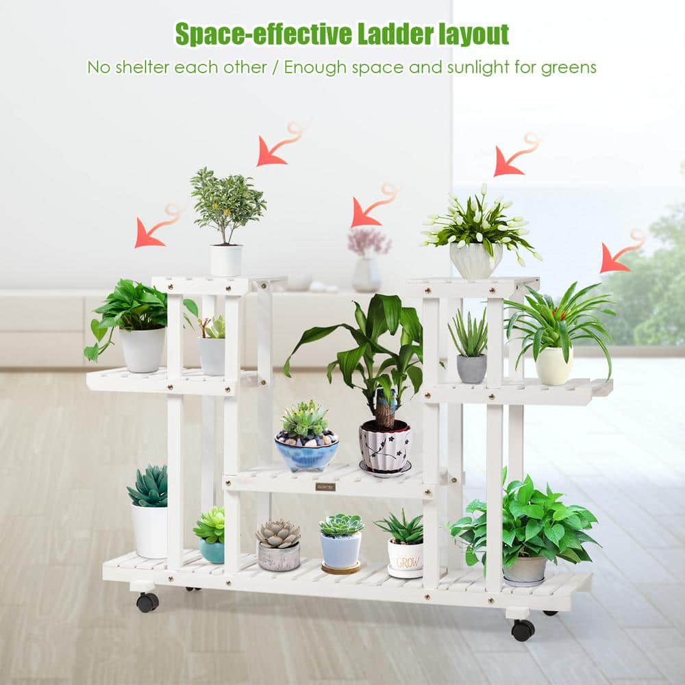 White 4-Tier Rolling Wood Plant Stand with Casters