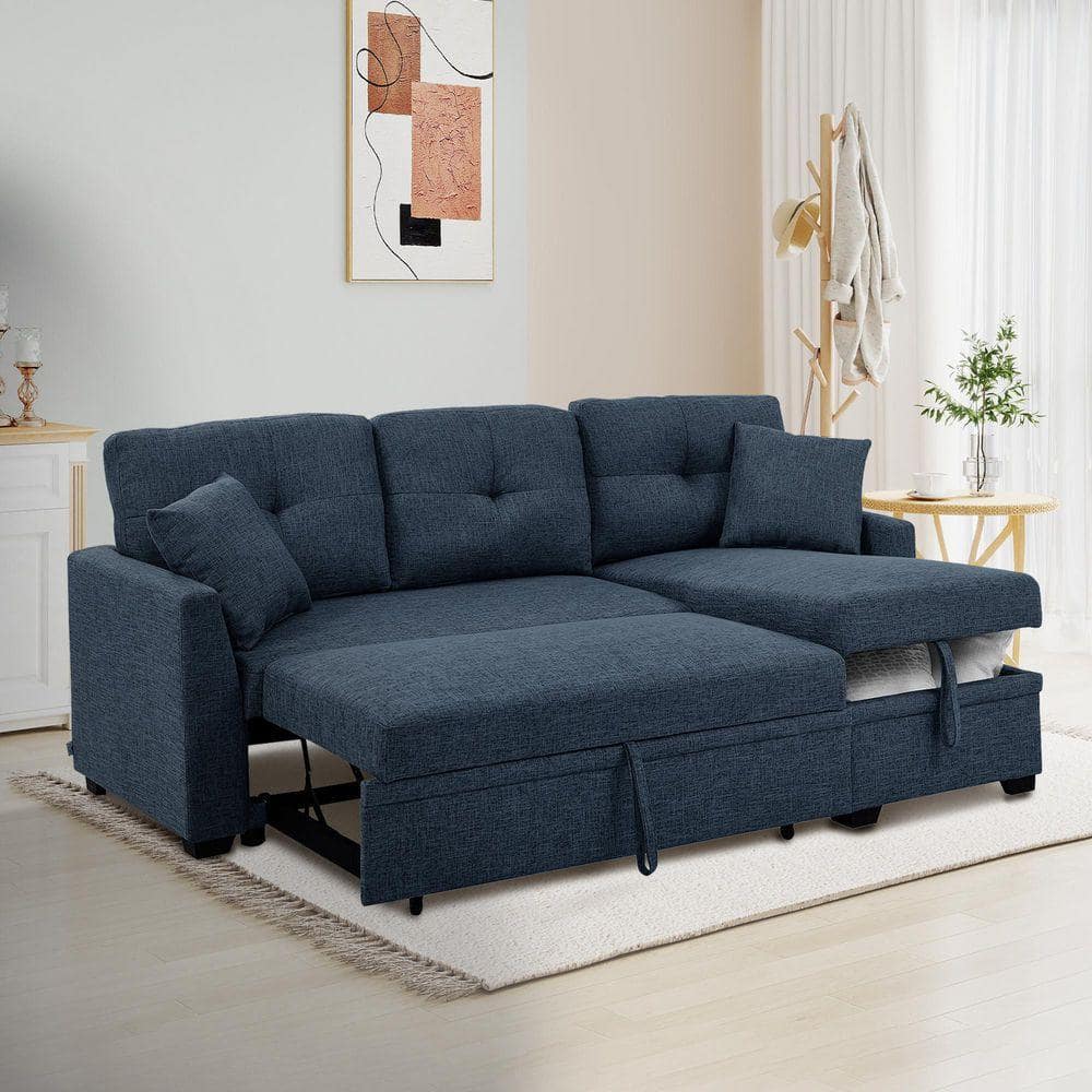 HOMEFUN 76.5 in. Modern Blue Linen Blend Upholstered Sectional