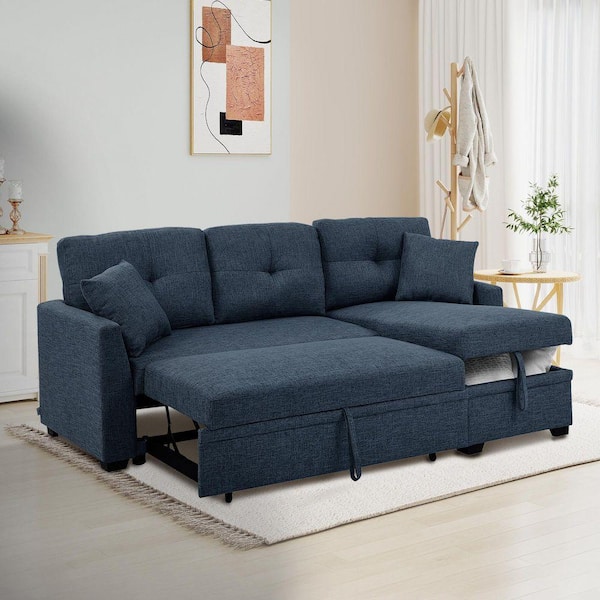 76.5 in. Modern Blue Linen Blend Upholstered Sectional Twin Size Sofa Bed with Pull-Out Bed and Chaise Storage