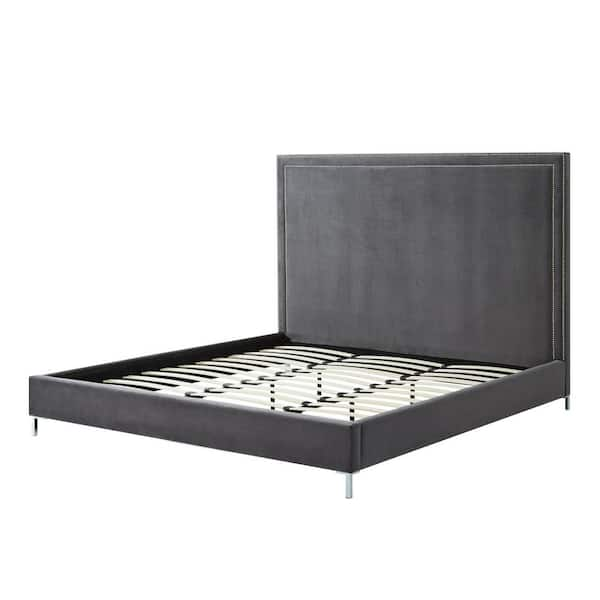 Inspired Home Samuele Grey Velvet Nailhead Trim Platform King Bed