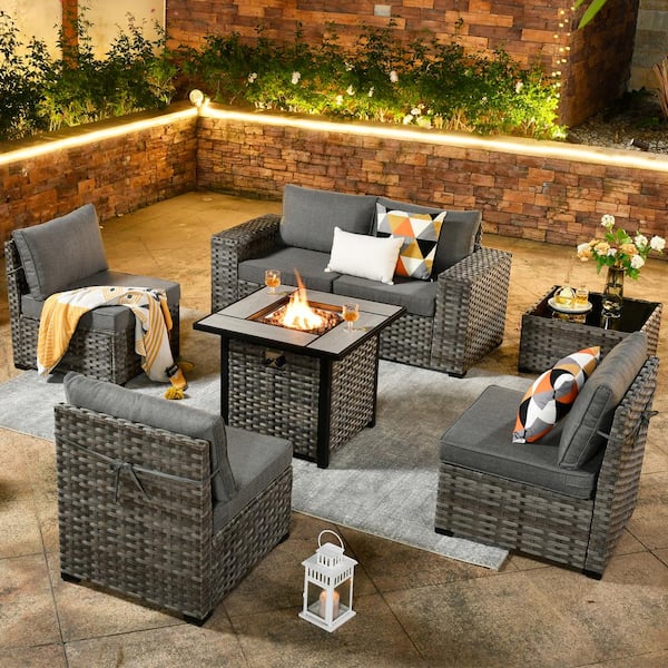 Metis 7-Piece Wicker Outdoor Patio Fire Pit Conversation Sectional Sofa Set and with Gray Cushions