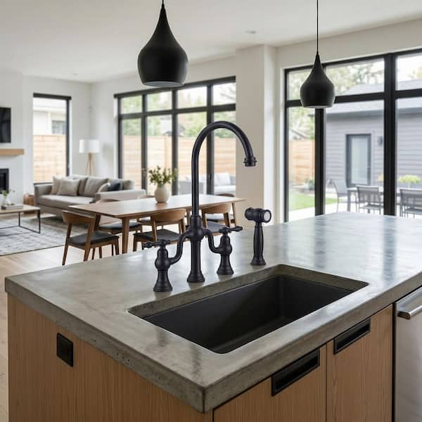 2-Handle Bridge Kitchen Faucet with Side Sprayer in Matte Black