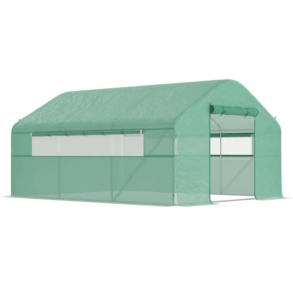 Outsunny 118.1 in. W x 155.5 in. D x 77.6 in. H Galvanized Steel Frame, PE Cover, Green Hoop House Greenhouse