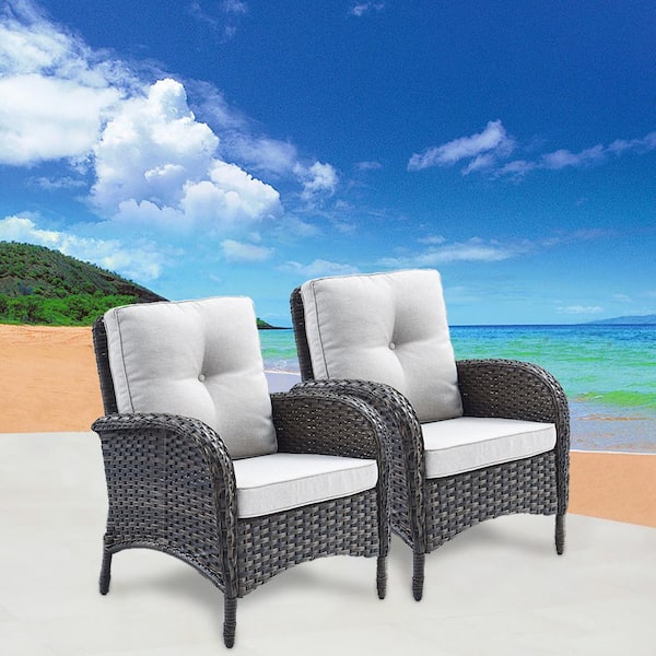 PlainCurve Metal and Brown Wicker Outdoor Lounge Chair with Olefin Beige Cushions (2-Pack)