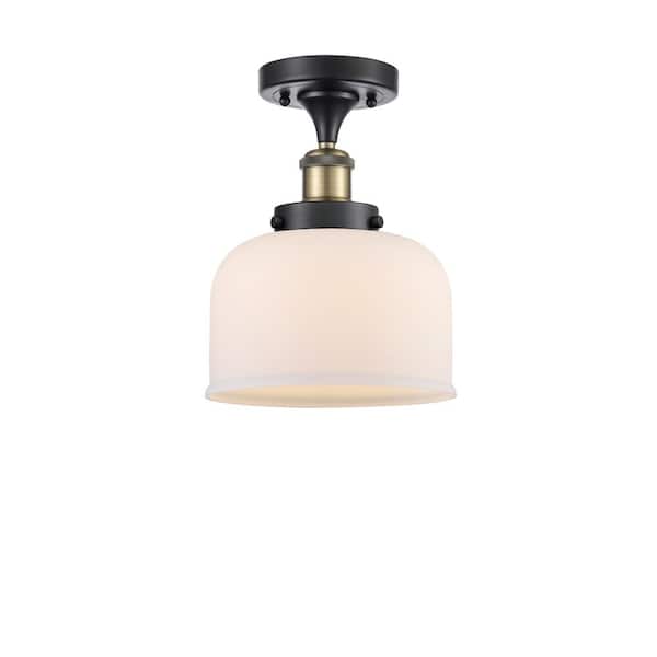 Innovations Bell 8 in. 1-Light Black Antique Brass Semi-Flush Mount with Matte White Glass Shade
