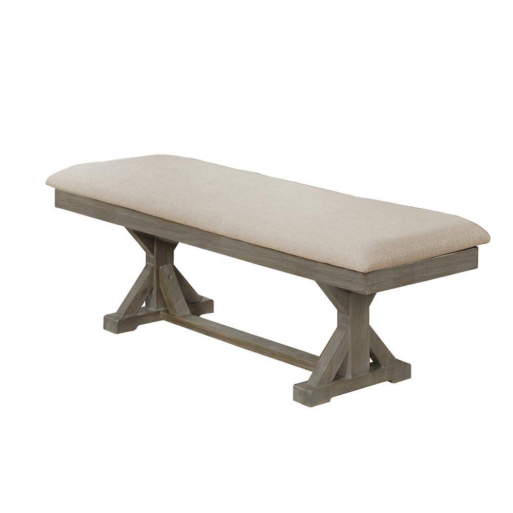 Rustic Trestle 7-Piece Wood Dining Set with Beige Linen Chairs