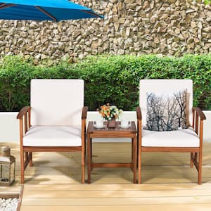 Brown 3-Piece Wood Patio Conversation Set with White Cushions