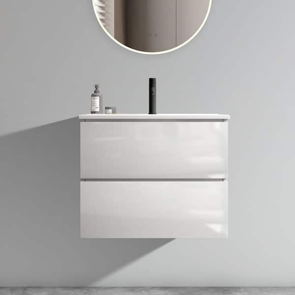 24 in. W x 18 in. D x 21 in. H Single Sink Wall Mount Bath Vanity in Glossy White with White Ceramic Top