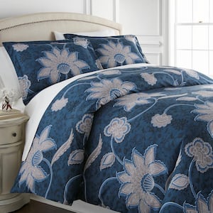 Grand Floral 3-Piece Blue Floral Microfiber King/Cal King Comforter Set
