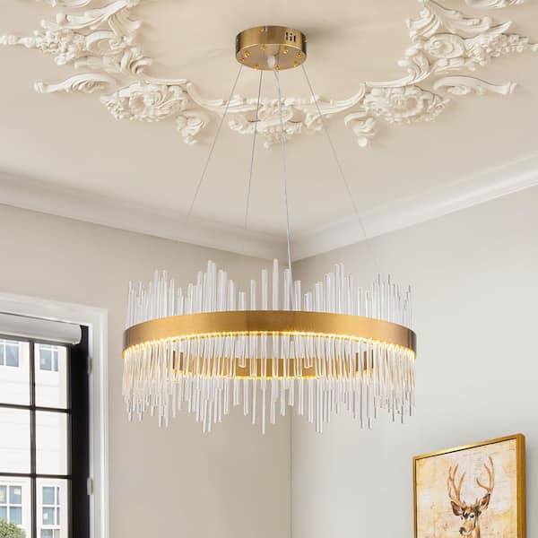 GoYeel Modern Gold Drum Glass Chandelier 32.5 in. W 1-Light Plating Brass Integrated LED Chandelier