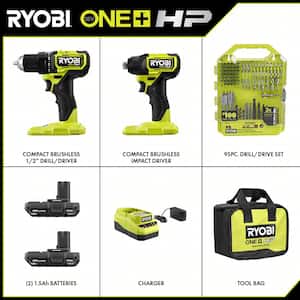 ONE+ HP 18V Brushless Cordless Compact 2-Tool Combo Kit w/Drill, Impact Driver, Batteries, Charger, Bag, & 95PC Bit Set