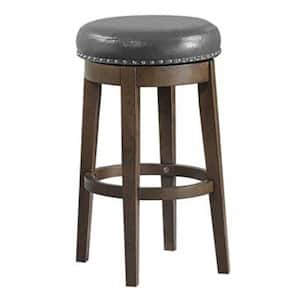 24 in. Gray, Oak Brown and Silver Low Back Metal Frame Barstool with Faux Leather Seat (Set of 2)