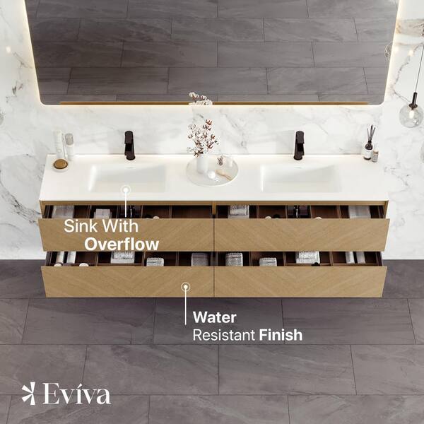 Eviva Lotus 30 in. W. x 22 in. D x 22 in. H Oak Wall Mount Bathroom Vanity with White Solid Surface Integrated Sink Top
