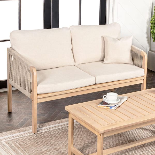 Arwen Modern Bohemian Roped Acacia Wood Outdoor Loveseat Beige/Light Teak with Cushions