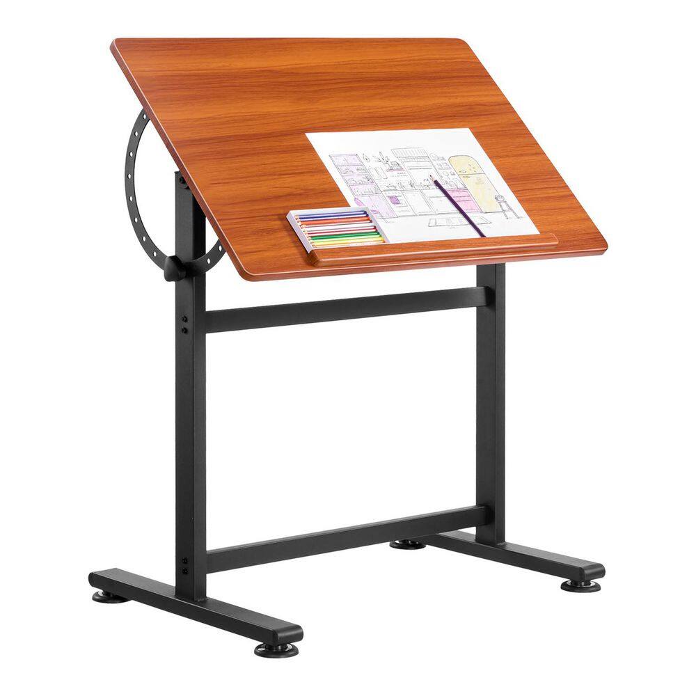 Drafting Table Black H-Frame and Brown Desktop Adjustable 0°-90° Tilt Drawing Desk, Portable Artist Table Wooden